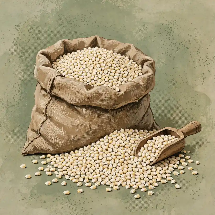 Open sack of clean white maize kernels
