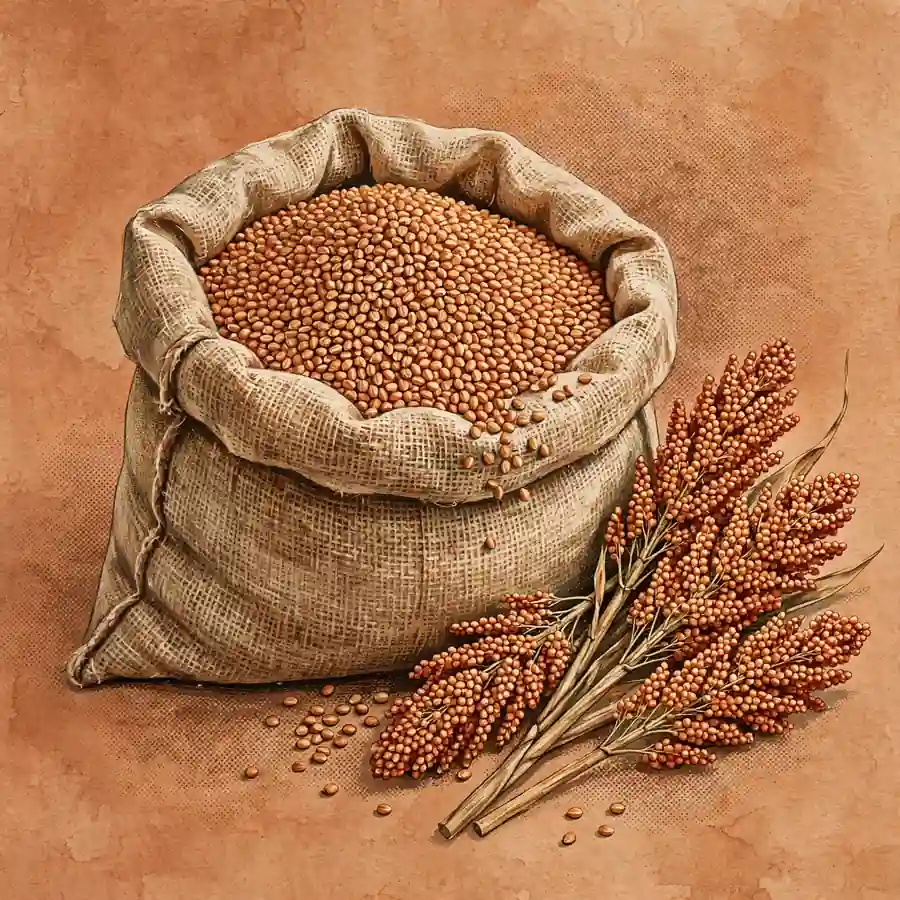 Open sack of yellow sorghum grain with seed heads